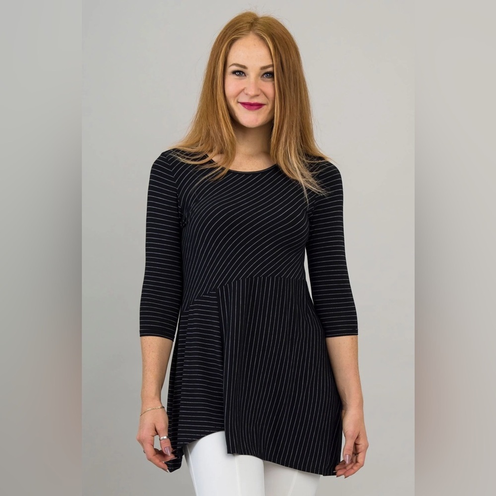 Blue Sky Asymmetrical Pinstripes Bamboo Tunic Black White